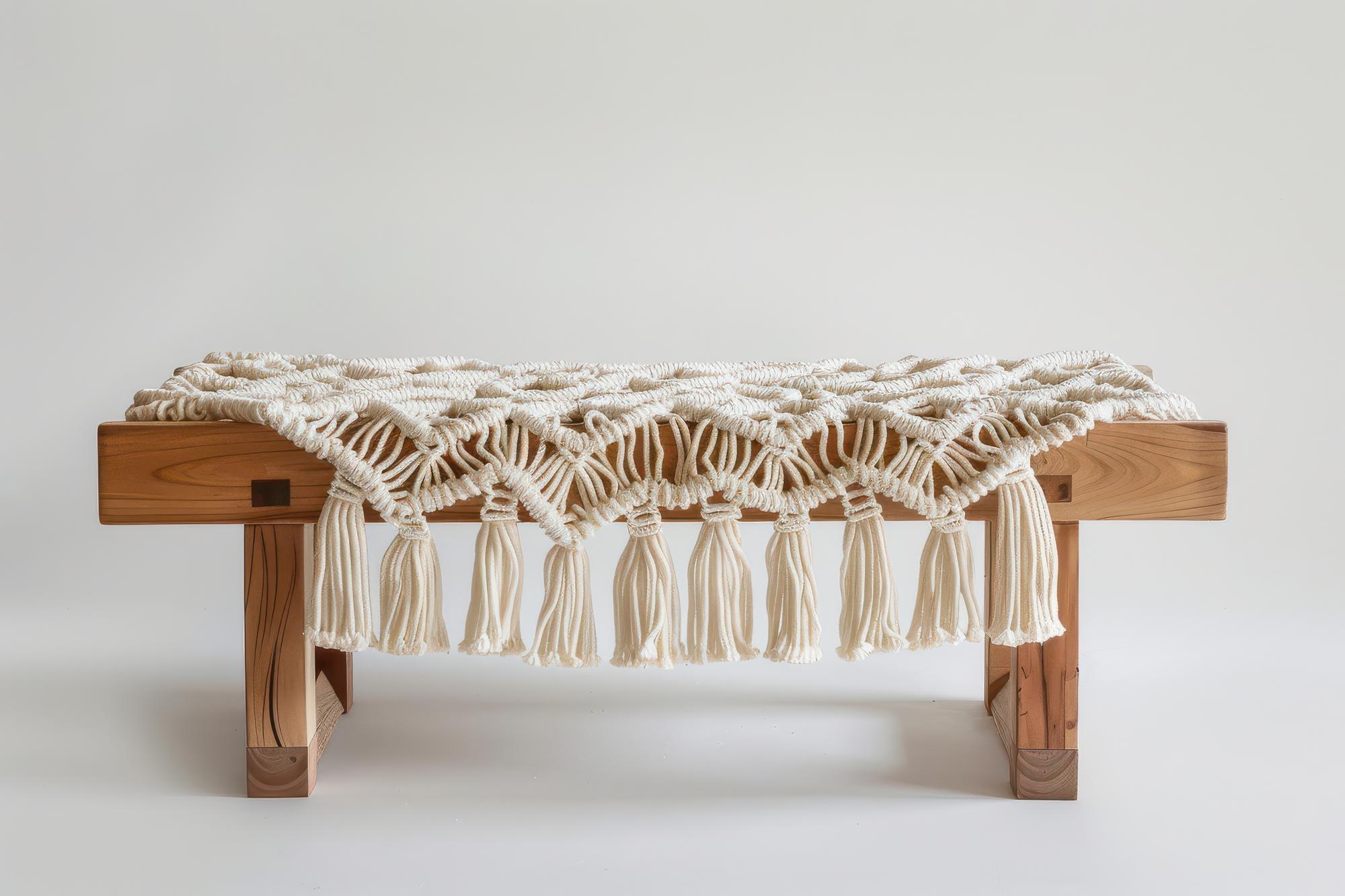 Large embroidered table runner on wooden table