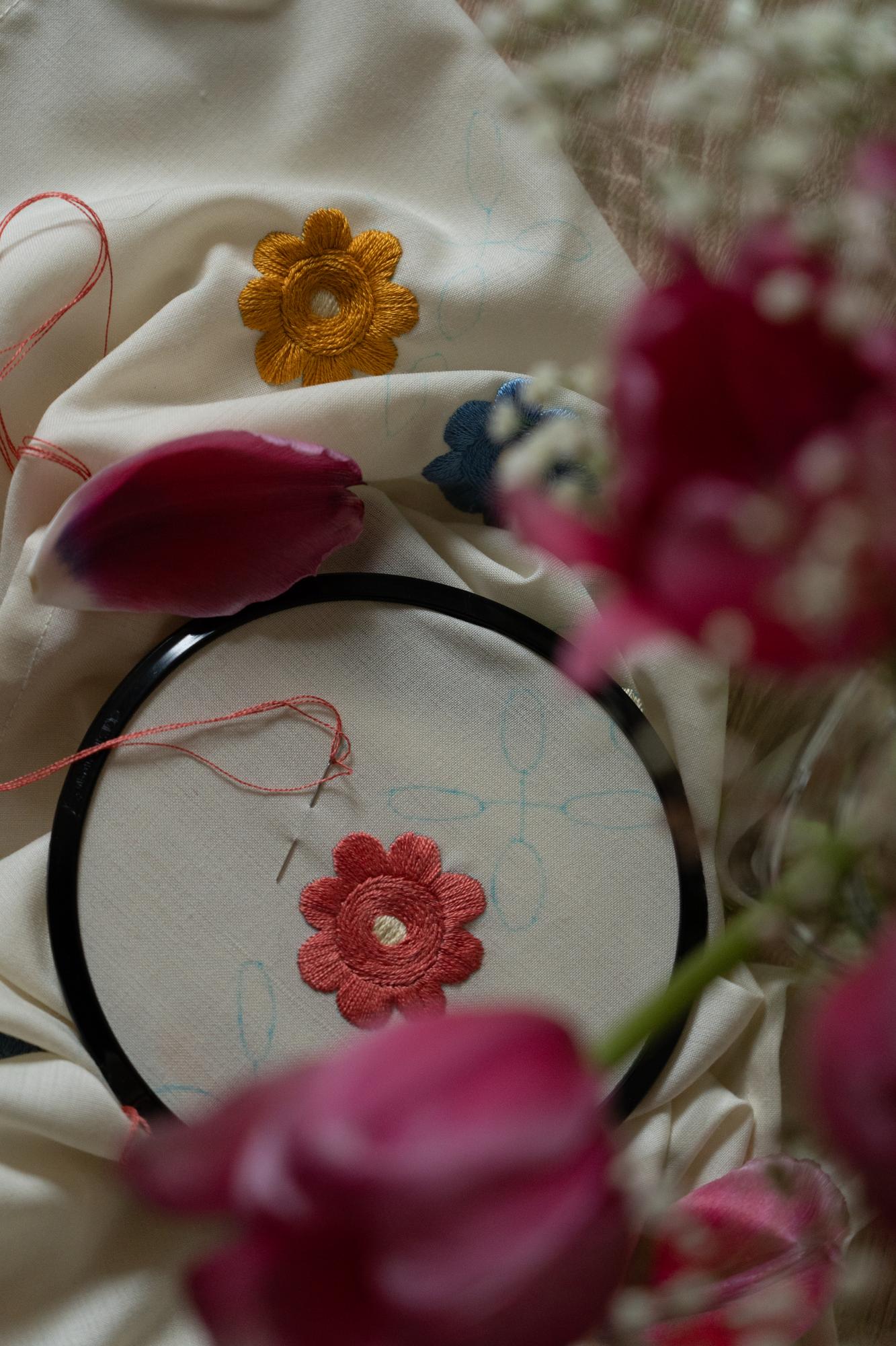 Close-up of embroidered floral motif on linen